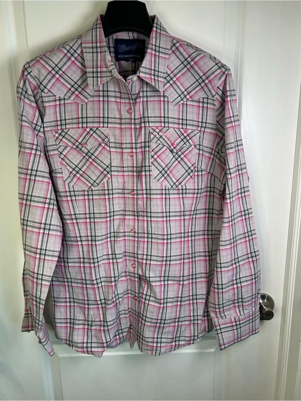 Wrangler Pink & Gray Plaid Western Snap Shirt